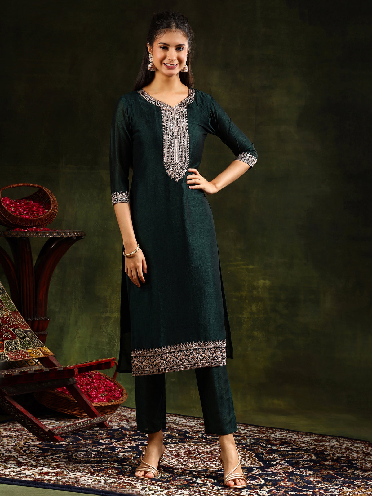 Sequined Embroidered Kurta With Pant & Embroidered Dupatta, Green - Hiral Fashion | Grocsy