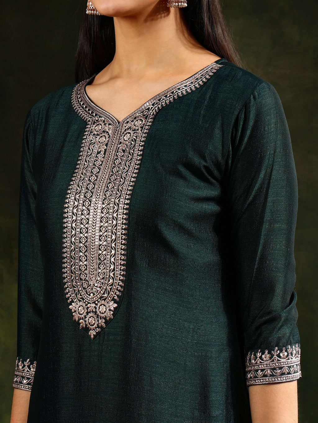Sequined Embroidered Kurta With Pant & Embroidered Dupatta, Green - Hiral Fashion | Grocsy