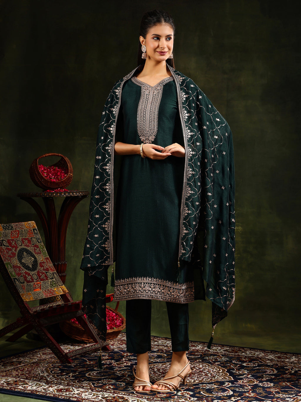 Sequined Embroidered Kurta With Pant & Embroidered Dupatta, Green - Hiral Fashion | Grocsy