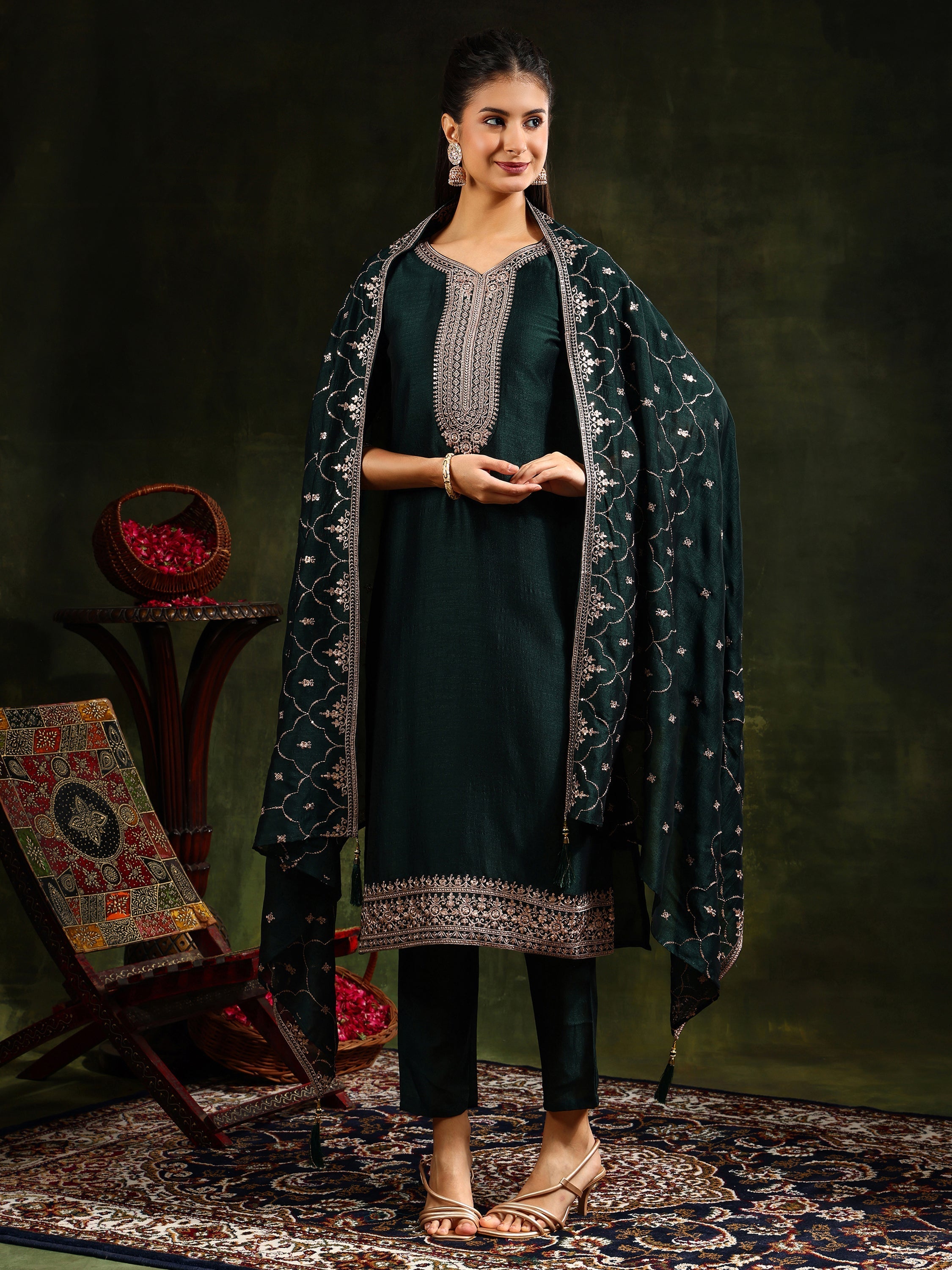 Sequined Embroidered Kurta With Pant & Embroidered Dupatta, Green - Hiral Fashion | Grocsy