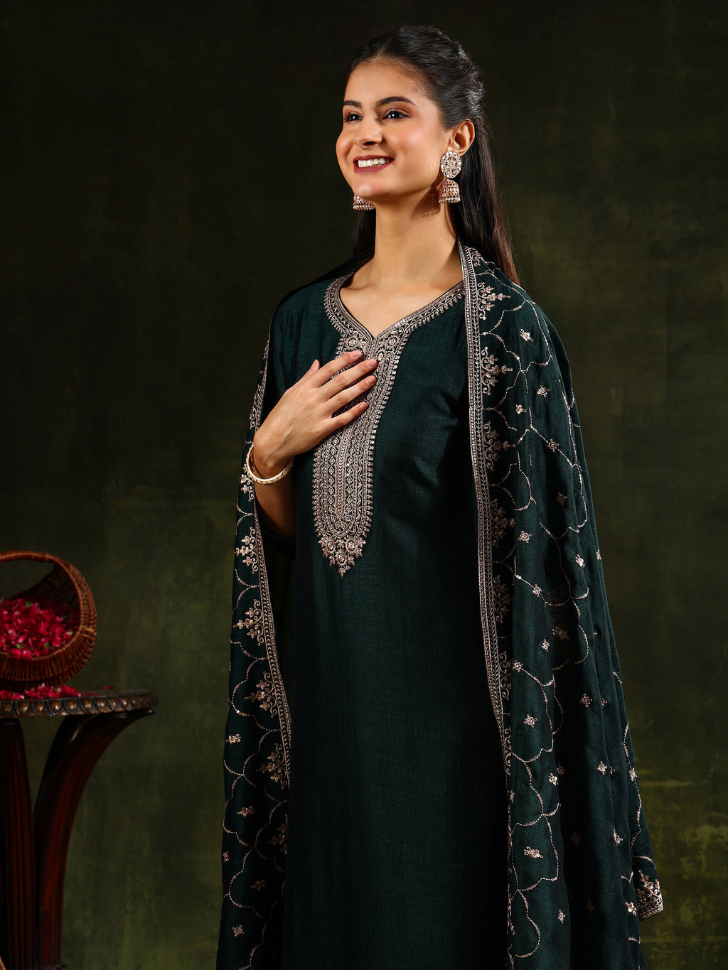 Sequined Embroidered Kurta With Pant & Embroidered Dupatta, Green - Hiral Fashion | Grocsy
