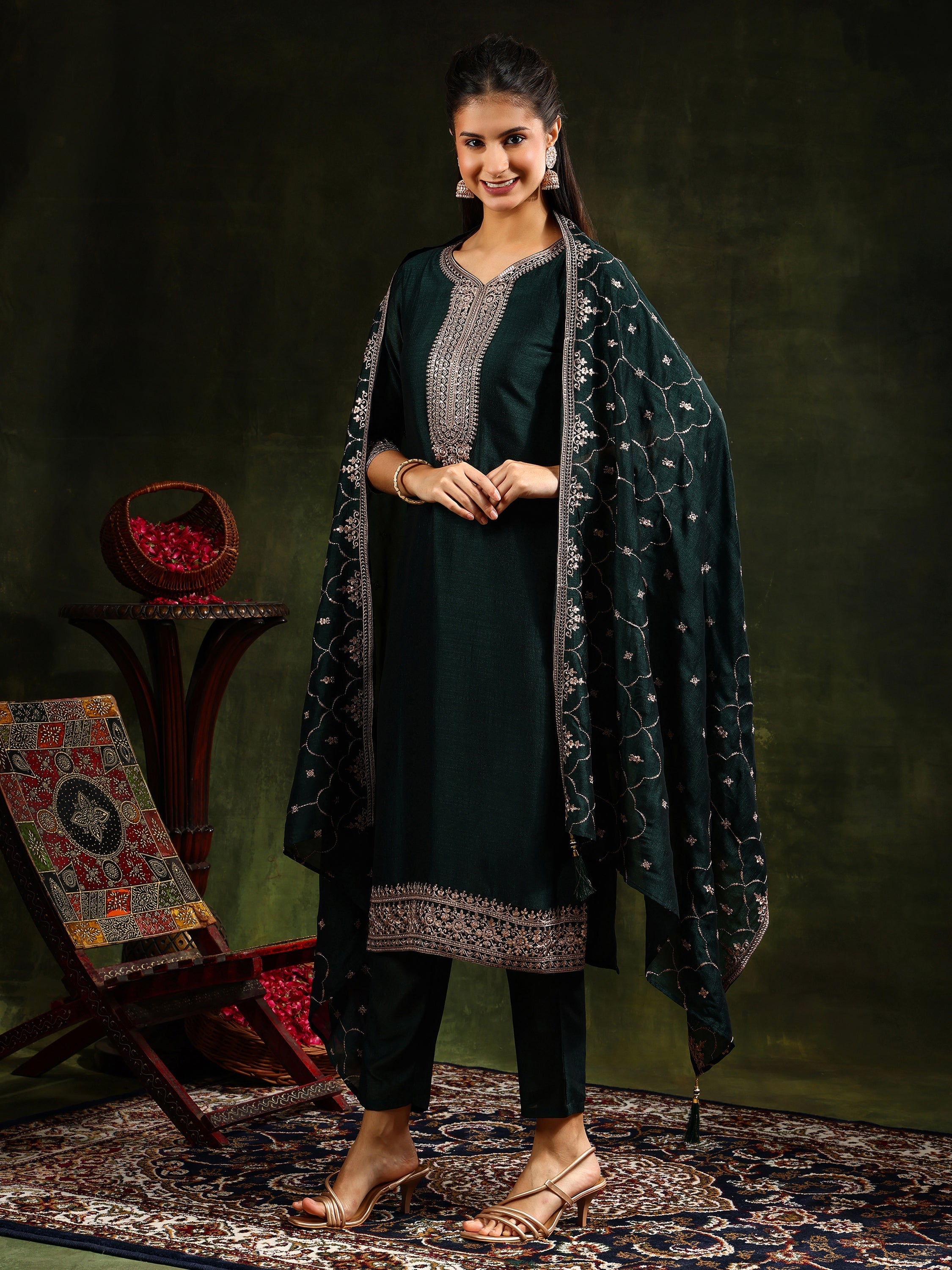 Sequined Embroidered Kurta With Pant & Embroidered Dupatta, Green - Hiral Fashion | Grocsy