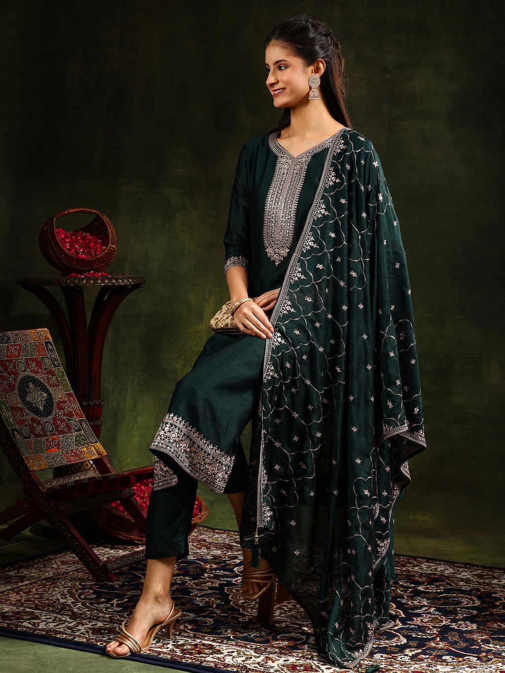 Sequined Embroidered Kurta With Pant & Embroidered Dupatta, Green - Hiral Fashion | Grocsy