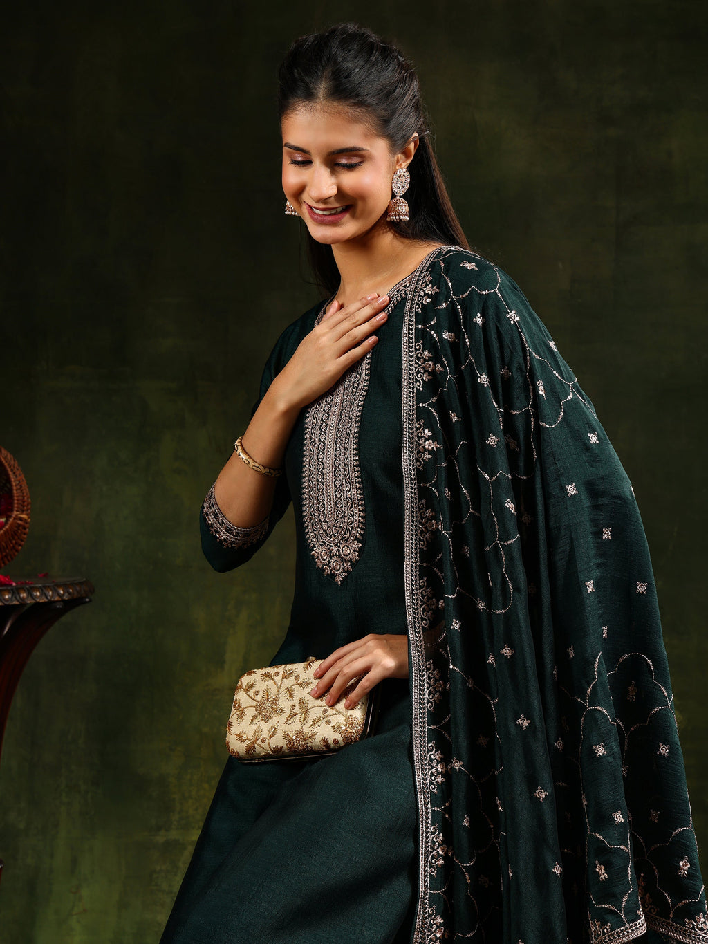 Sequined Embroidered Kurta With Pant & Embroidered Dupatta, Green - Hiral Fashion | Grocsy