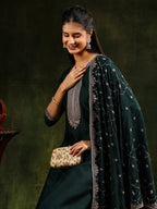 Sequined Embroidered Kurta With Pant & Embroidered Dupatta, Green - Hiral Fashion | Grocsy