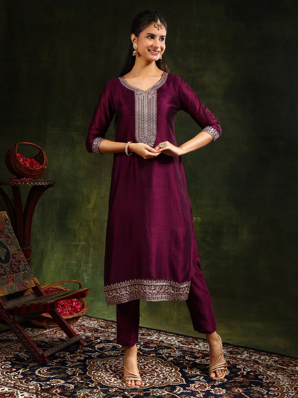 Sequined Embroidered Kurta With Pant & Embroidered Dupatta, Purple - Hiral Fashion | Grocsy