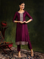Sequined Embroidered Kurta With Pant & Embroidered Dupatta, Purple - Hiral Fashion | Grocsy