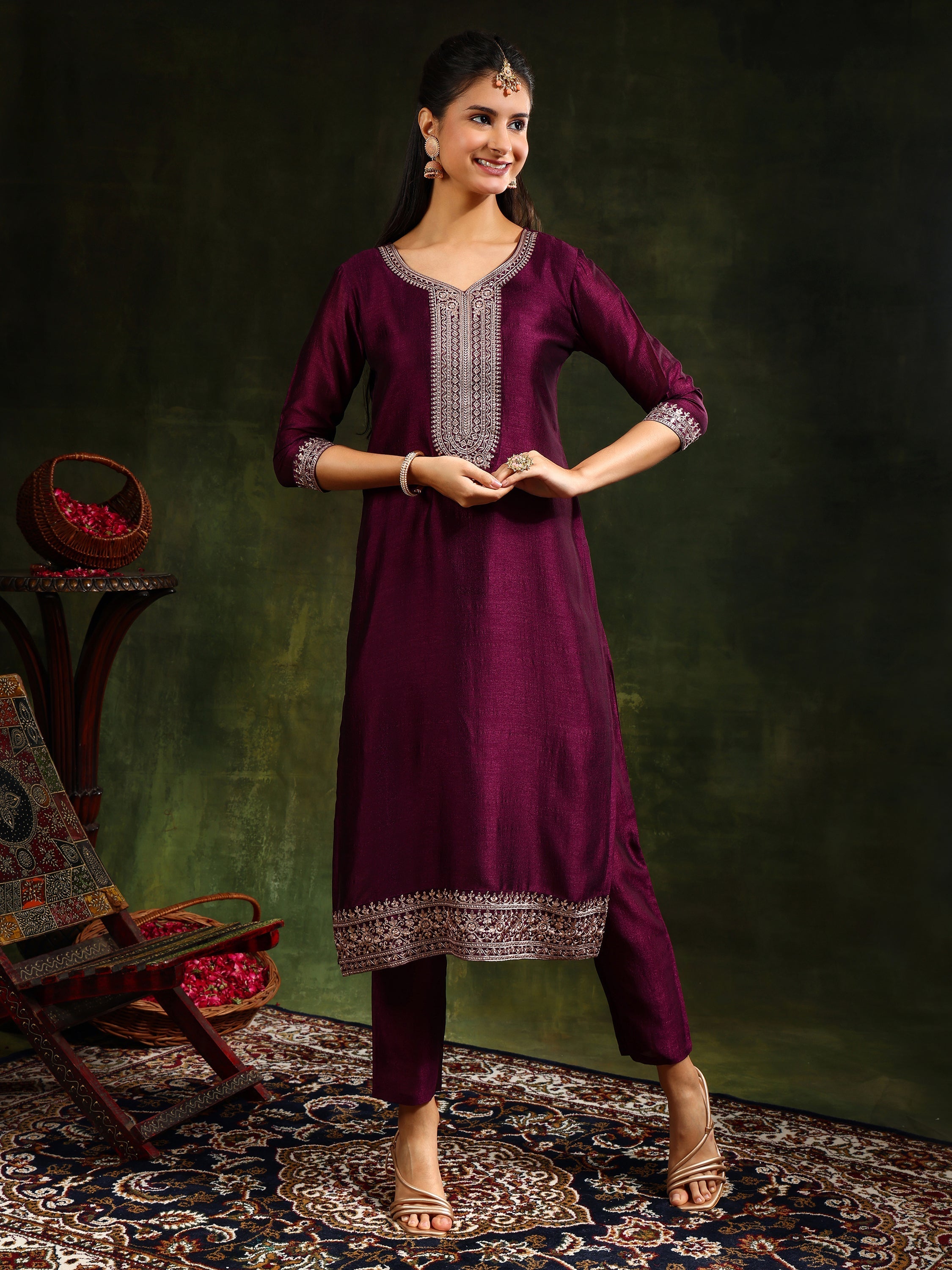 Sequined Embroidered Kurta With Pant & Embroidered Dupatta, Purple - Hiral Fashion | Grocsy