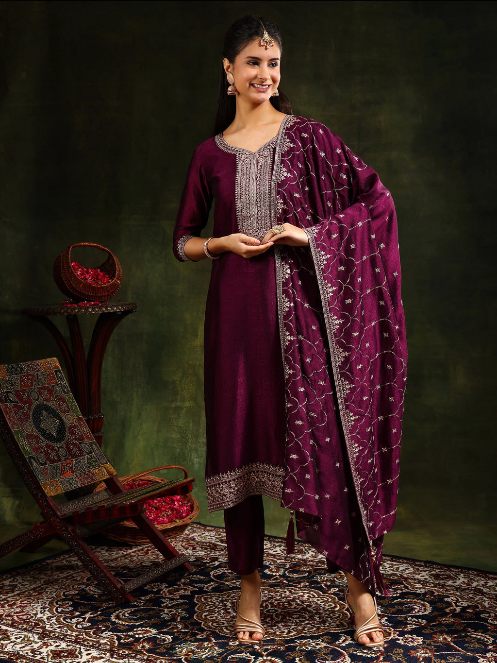 Sequined Embroidered Kurta With Pant & Embroidered Dupatta, Purple - Hiral Fashion | Grocsy