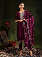 Sequined Embroidered Kurta With Pant & Embroidered Dupatta, Purple - Hiral Fashion | Grocsy