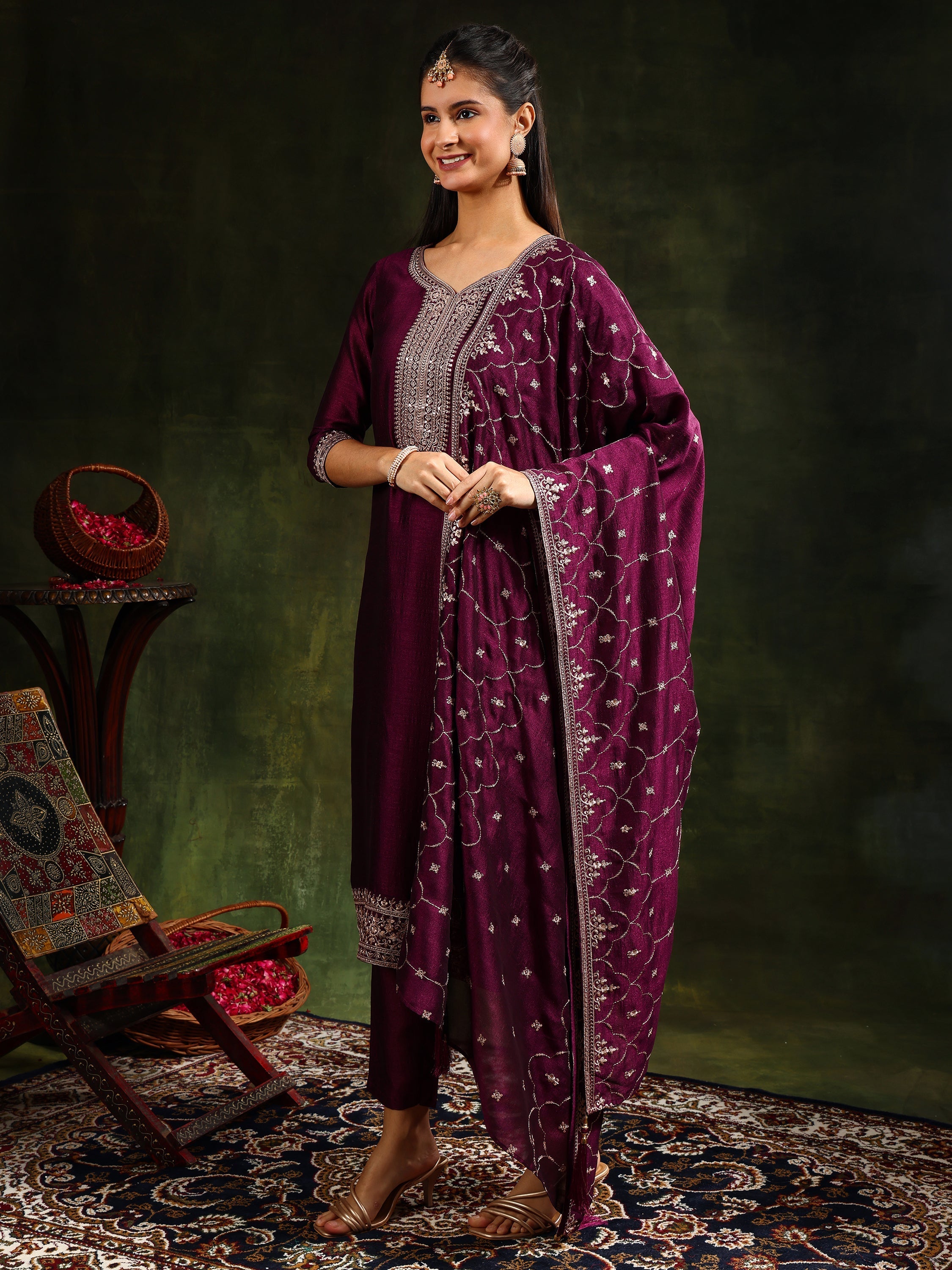 Sequined Embroidered Kurta With Pant & Embroidered Dupatta, Purple - Hiral Fashion | Grocsy