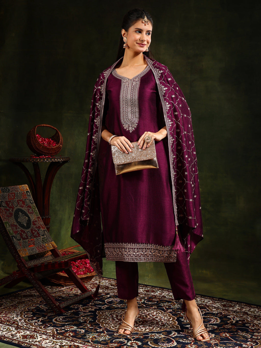 Sequined Embroidered Kurta With Pant & Embroidered Dupatta, Purple - Hiral Fashion | Grocsy