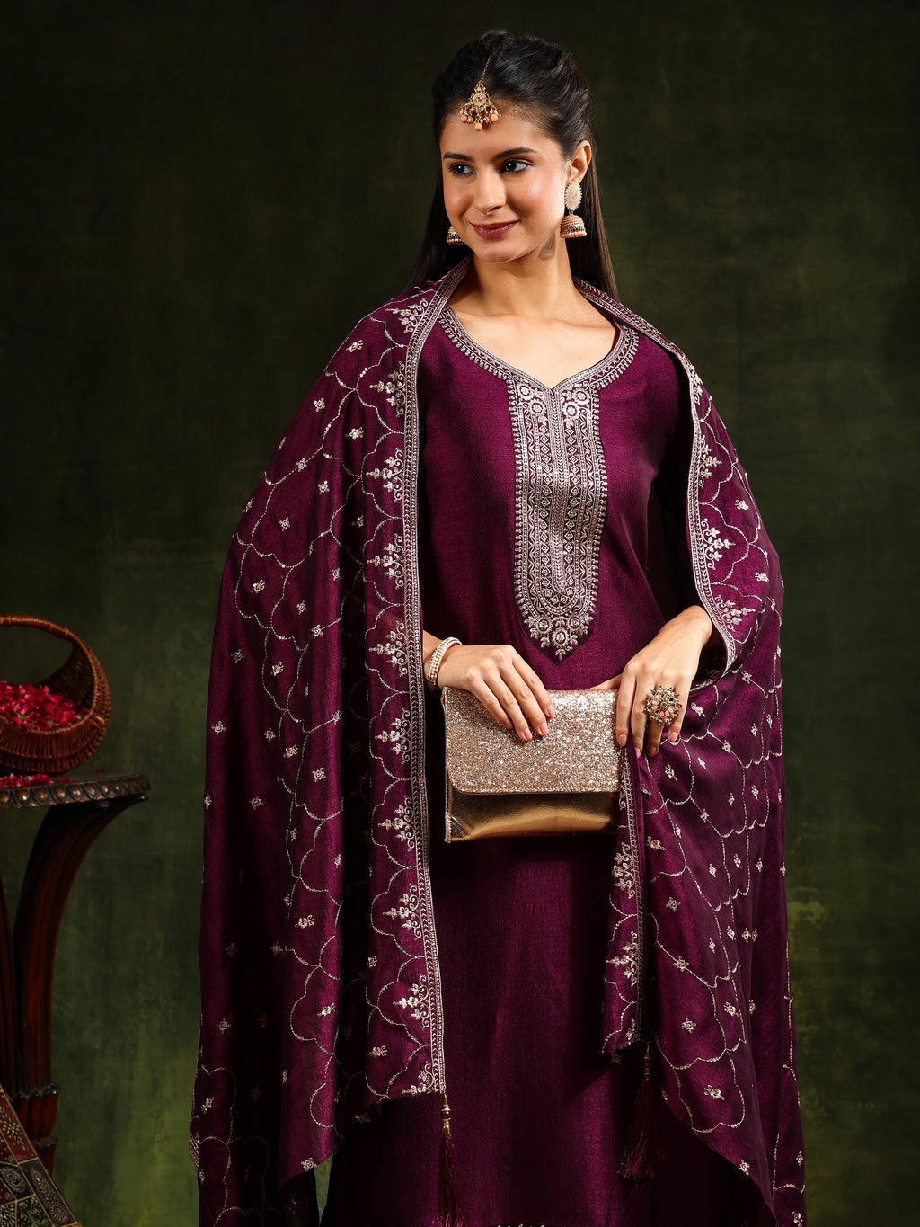 Sequined Embroidered Kurta With Pant & Embroidered Dupatta, Purple - Hiral Fashion | Grocsy
