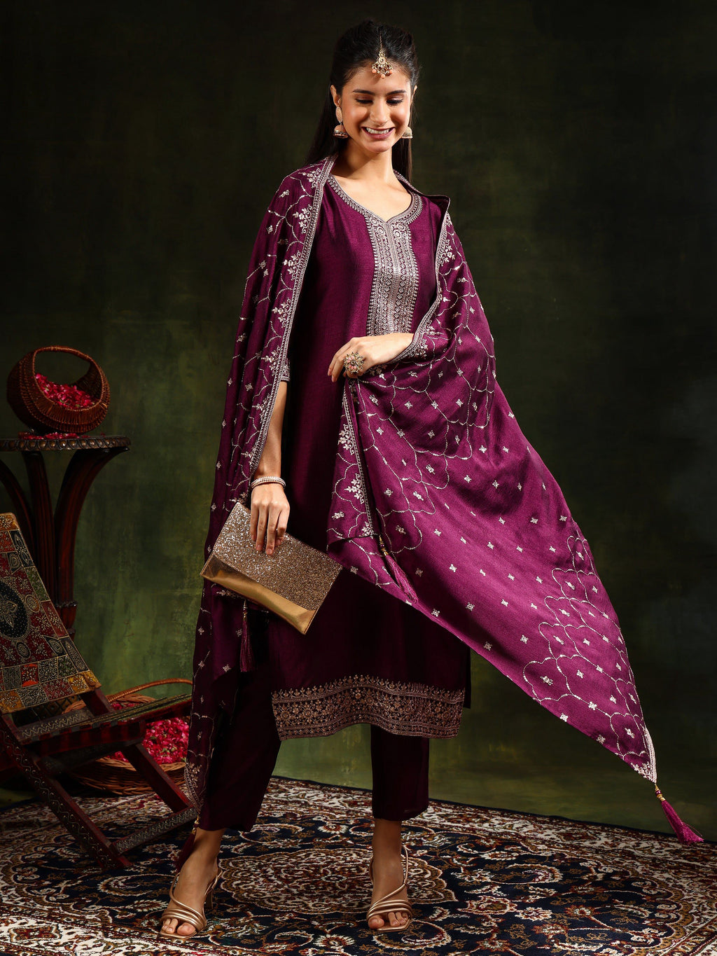 Sequined Embroidered Kurta With Pant & Embroidered Dupatta, Purple - Hiral Fashion | Grocsy