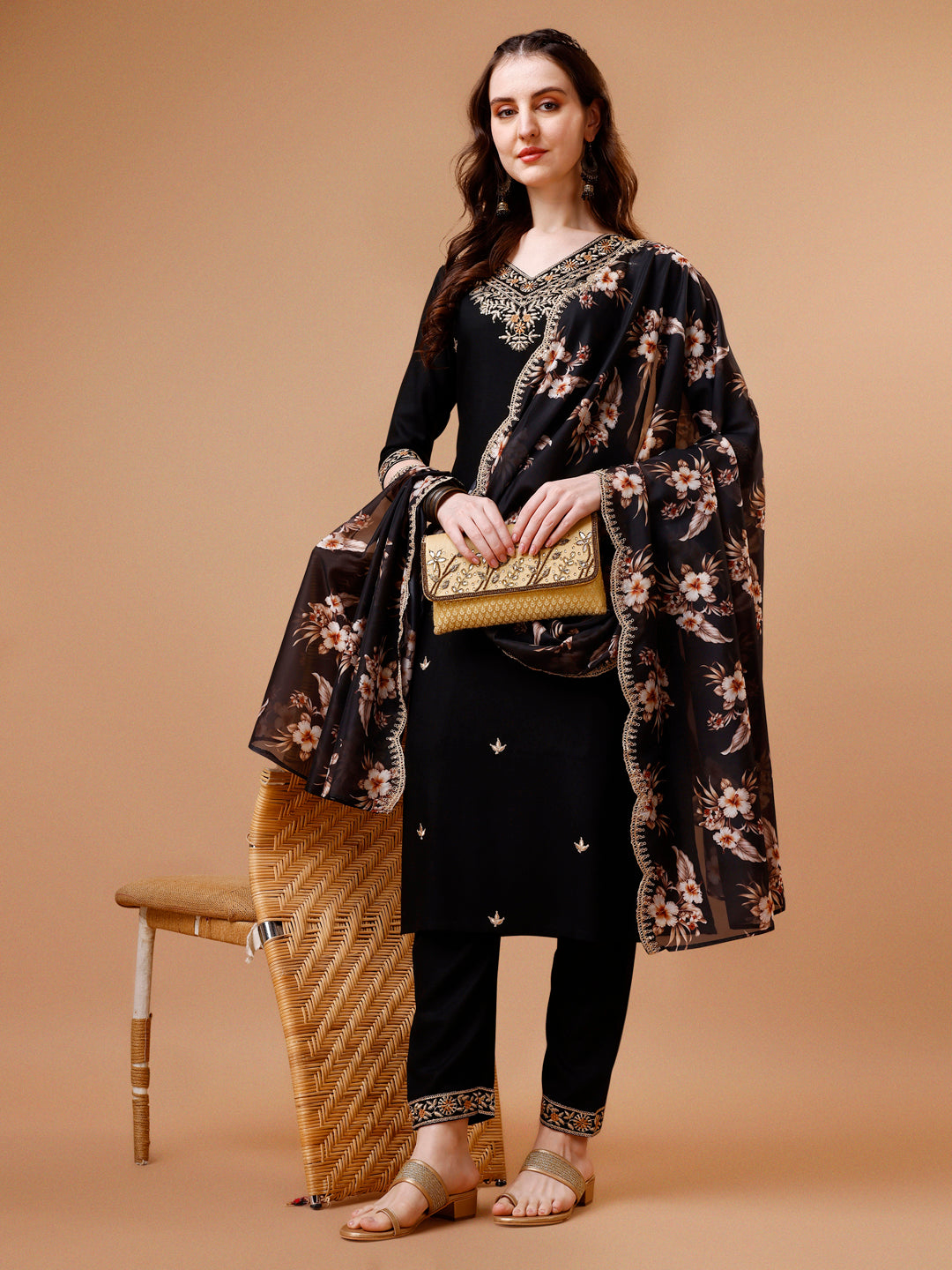 Embroidered Kurta With Pant & Floral Printed Cut Embroidered Work Dupatta Premium, Multicolor - Hiral Fashion | Grocsy