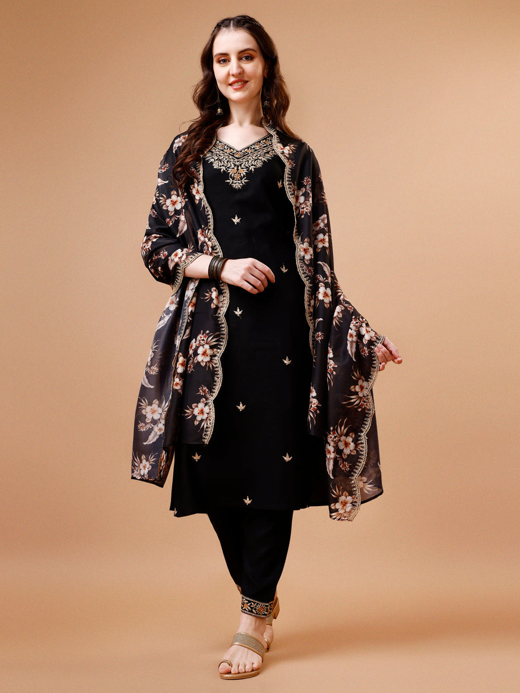 Embroidered Kurta With Pant & Floral Printed Cut Embroidered Work Dupatta Premium, Multicolor - Hiral Fashion | Grocsy