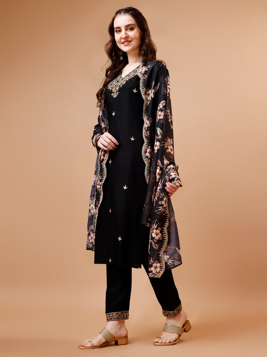 Embroidered Kurta With Pant & Floral Printed Cut Embroidered Work Dupatta Premium, Multicolor - Hiral Fashion | Grocsy