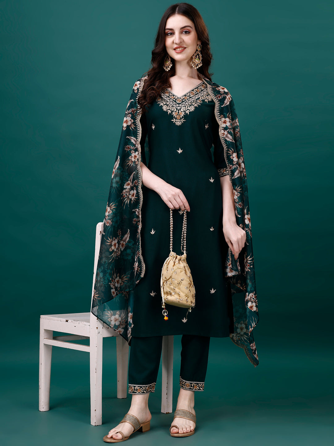Embroidered Kurta With Pant & Embroidered & Printed Dupatta, Multicolor - Hiral Fashion | Grocsy