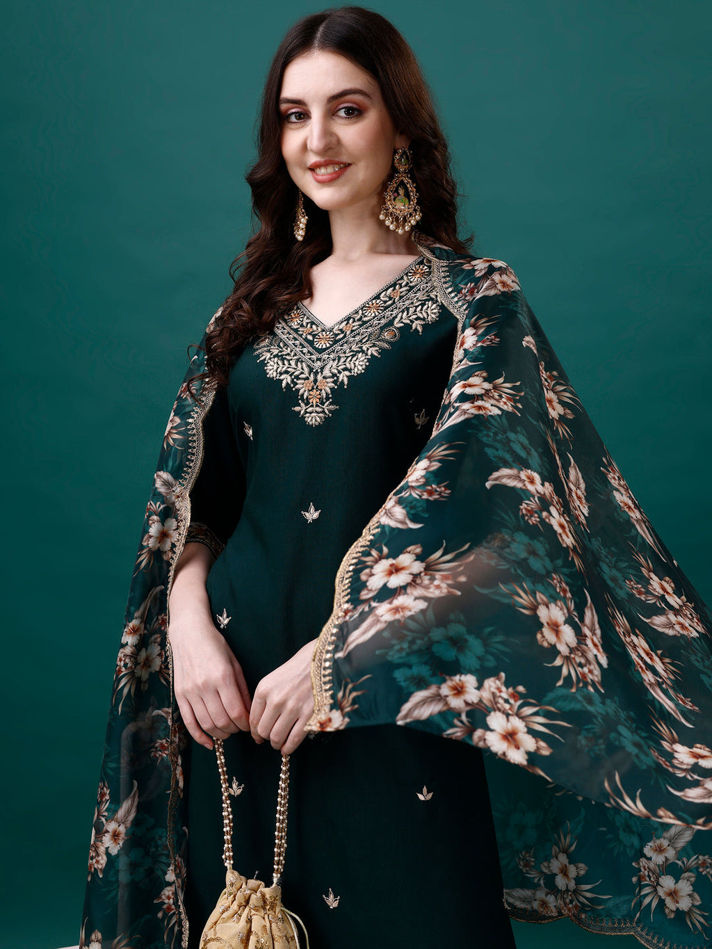 Embroidered Kurta With Pant & Embroidered & Printed Dupatta, Multicolor - Hiral Fashion | Grocsy