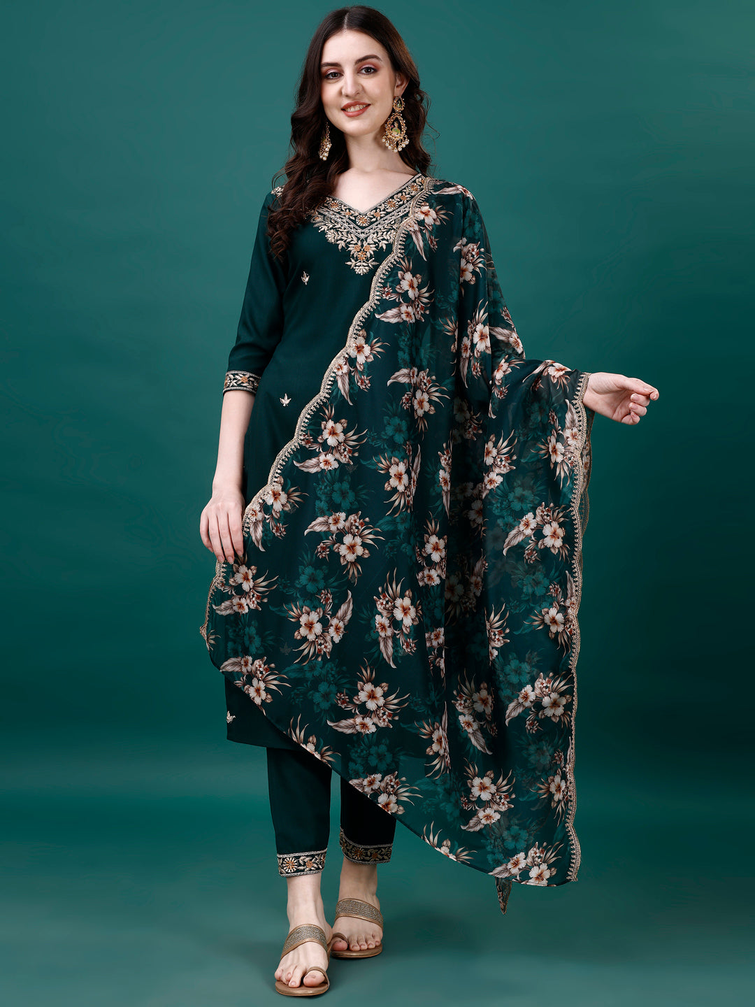 Embroidered Kurta With Pant & Embroidered & Printed Dupatta, Multicolor - Hiral Fashion | Grocsy