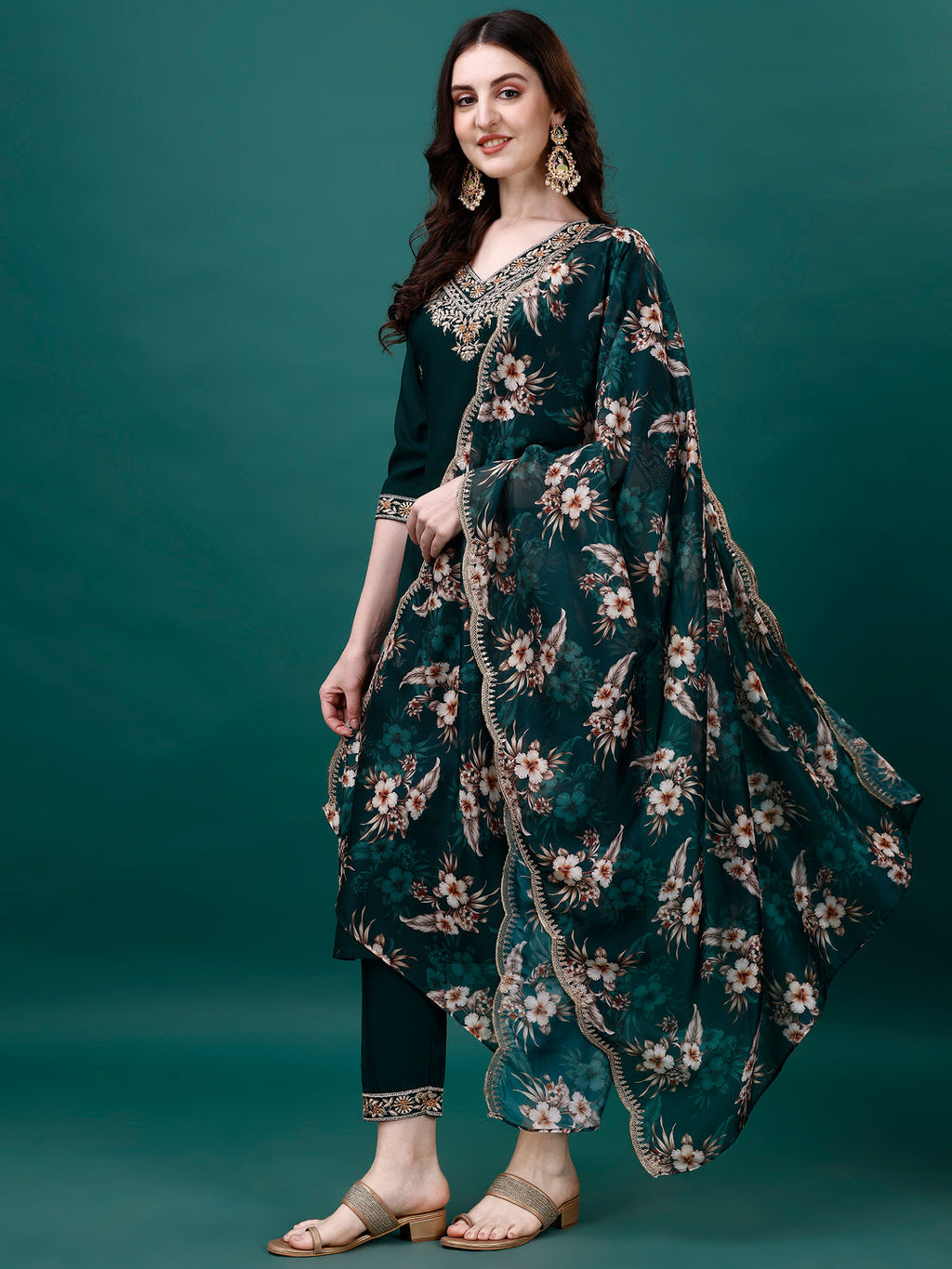Embroidered Kurta With Pant & Embroidered & Printed Dupatta, Multicolor - Hiral Fashion | Grocsy