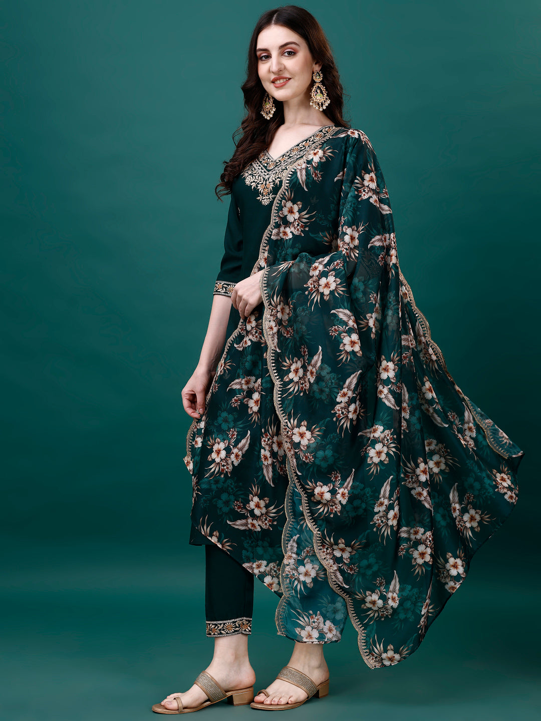 Embroidered Kurta With Pant & Embroidered & Printed Dupatta, Multicolor - Hiral Fashion | Grocsy