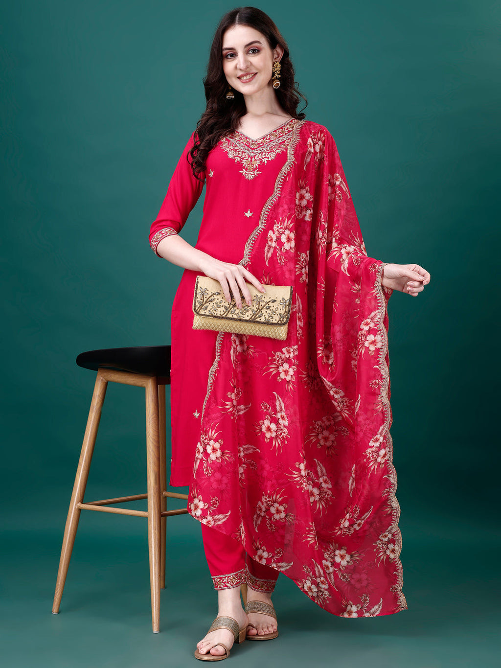 Embroidered Kurta With Pant & Embroidered & Printed Dupatta, Multicolor - Hiral Fashion | Grocsy