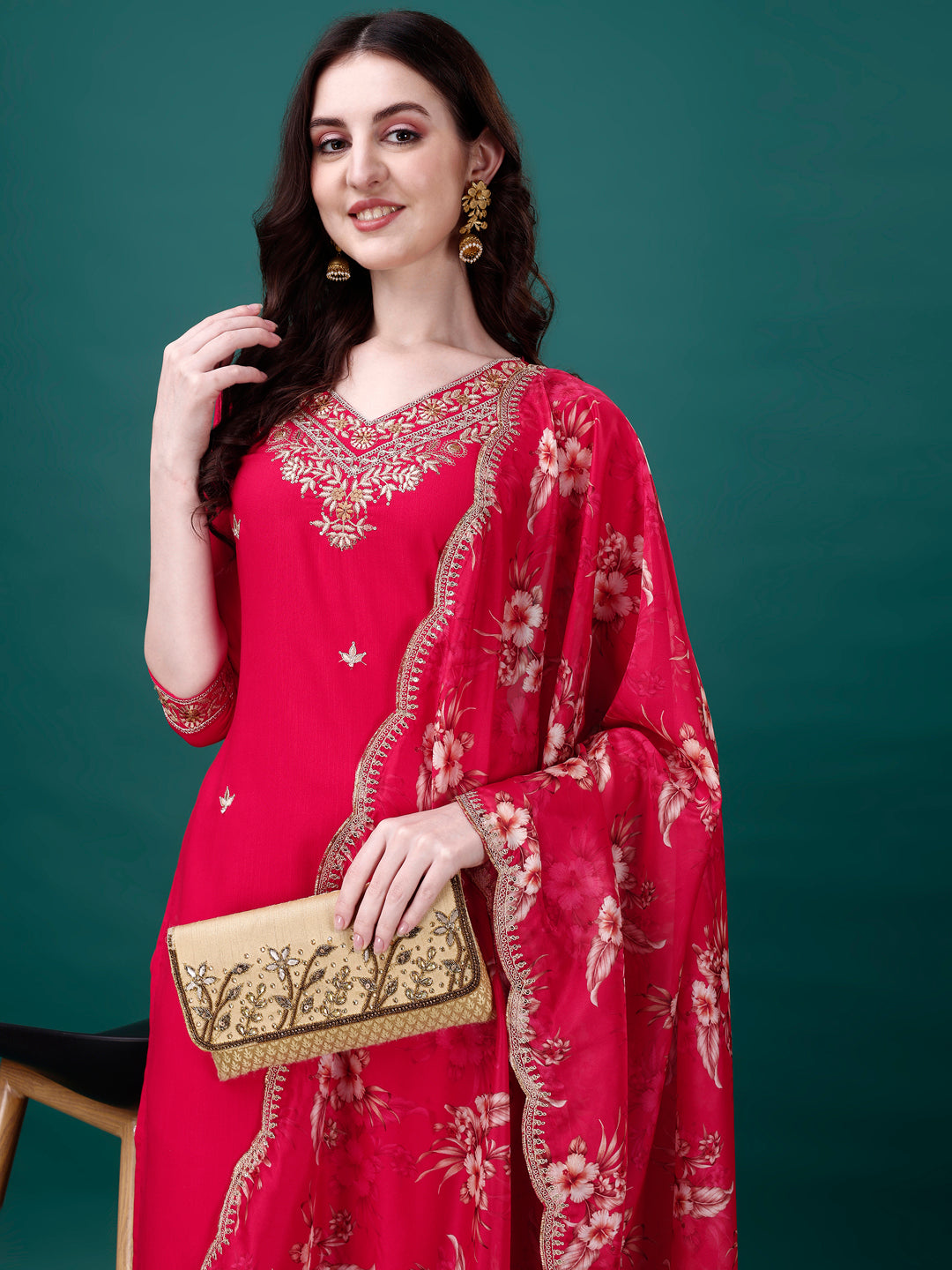 Embroidered Kurta With Pant & Embroidered & Printed Dupatta, Multicolor - Hiral Fashion | Grocsy