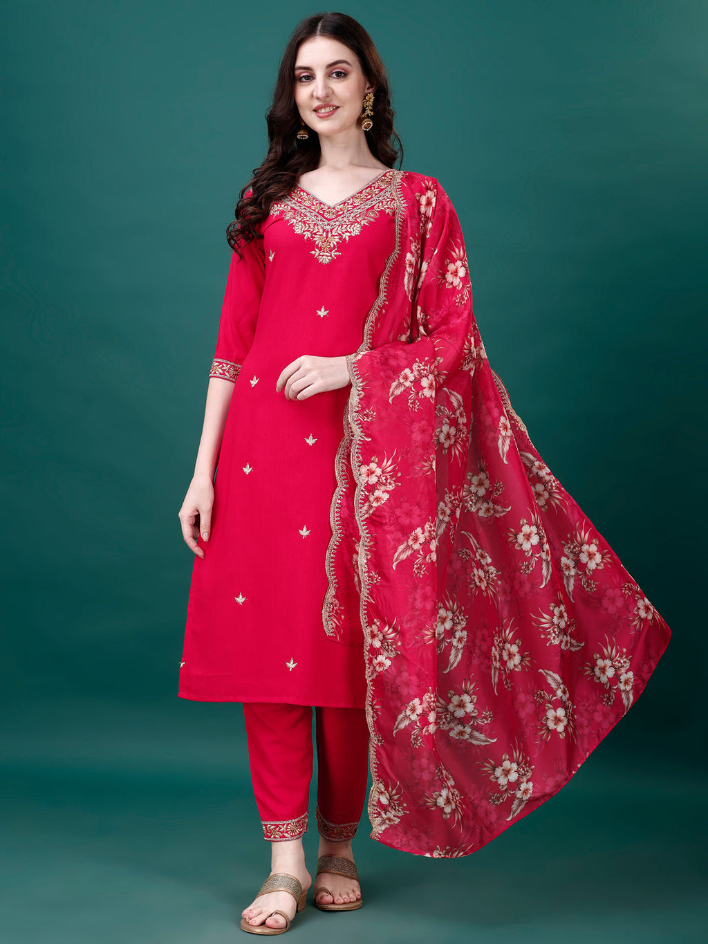 Embroidered Kurta With Pant & Embroidered & Printed Dupatta, Multicolor - Hiral Fashion | Grocsy