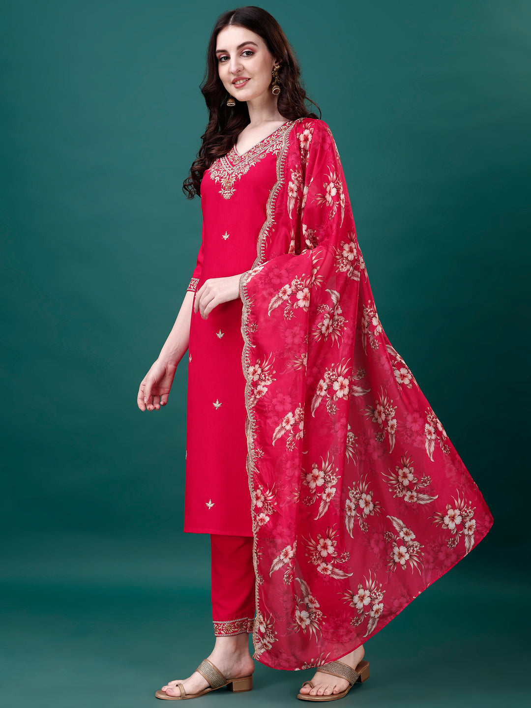 Embroidered Kurta With Pant & Embroidered & Printed Dupatta, Multicolor - Hiral Fashion | Grocsy