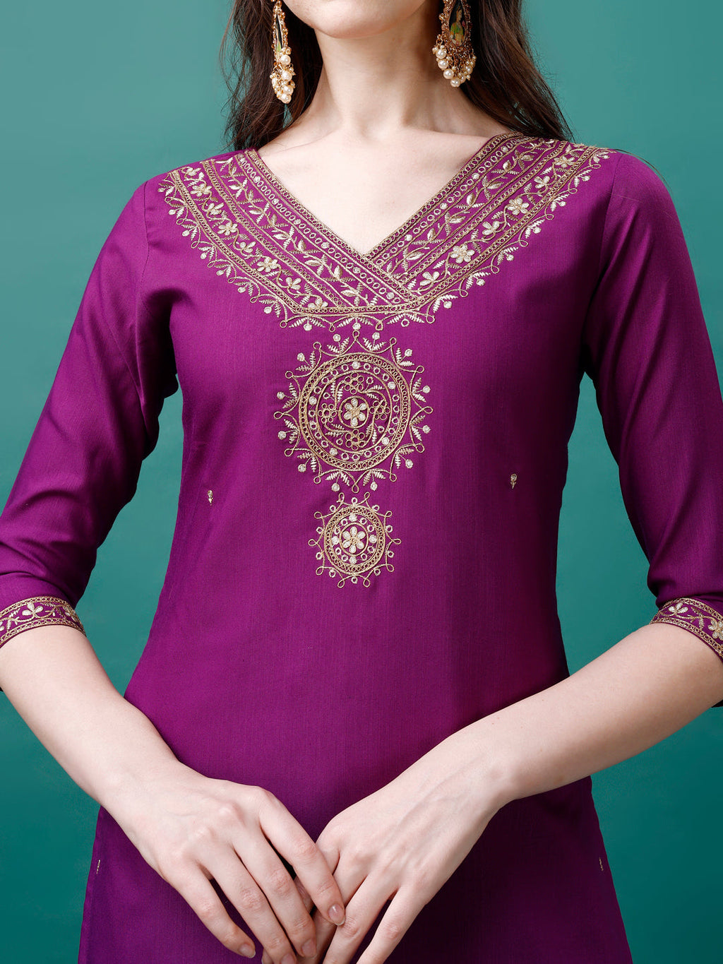 Embroidered Kurta With Pant & Chanderi Dupatta, Multicolor - Hiral Fashion | Grocsy
