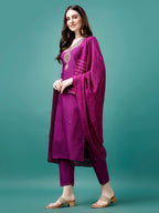 Embroidered Kurta With Pant & Chanderi Dupatta, Multicolor - Hiral Fashion | Grocsy