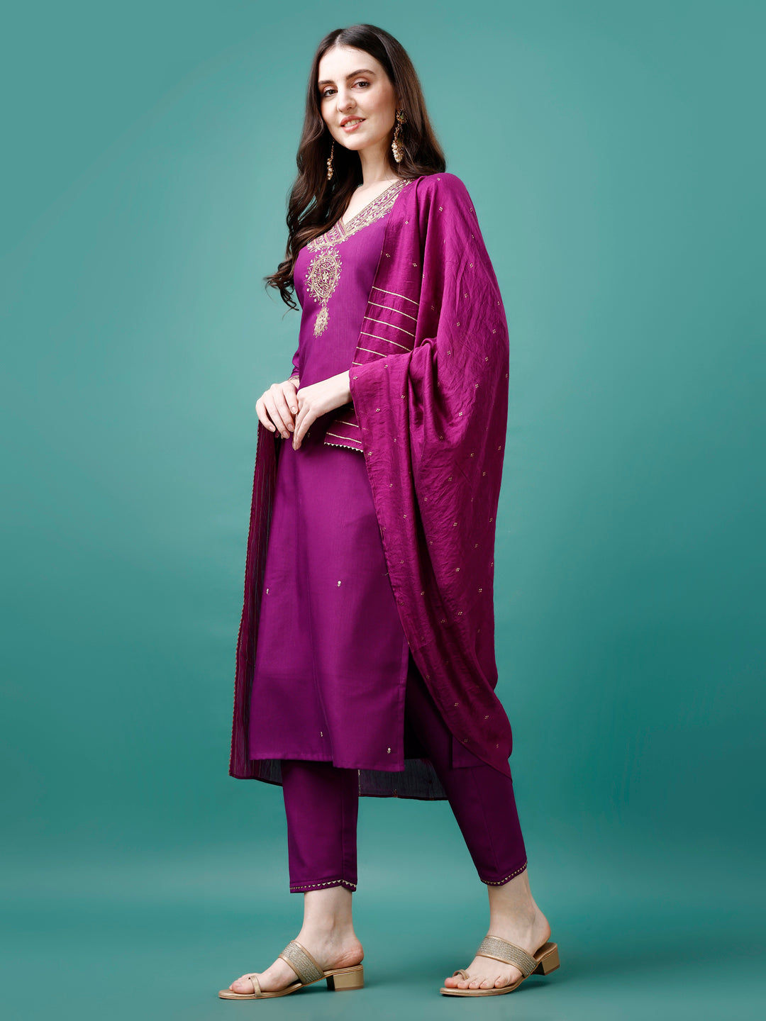 Embroidered Kurta With Pant & Chanderi Dupatta, Multicolor - Hiral Fashion | Grocsy
