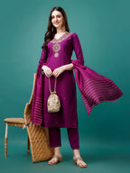 Embroidered Kurta With Pant & Chanderi Dupatta, Multicolor - Hiral Fashion | Grocsy