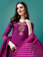 Embroidered Kurta With Pant & Chanderi Dupatta, Multicolor - Hiral Fashion | Grocsy