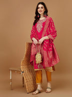 Embroidered Kurta With Pant & Banarasi Jacquard Dupatta, Multicolor - Hiral Fashion | Grocsy