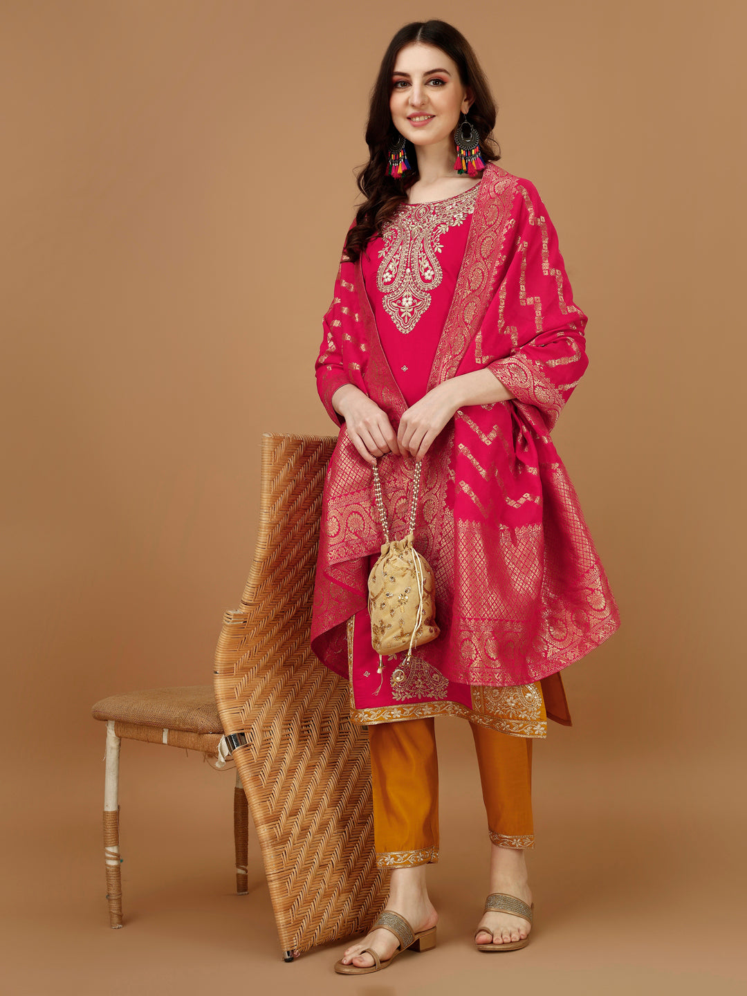 Embroidered Kurta With Pant & Banarasi Jacquard Dupatta, Multicolor - Hiral Fashion | Grocsy