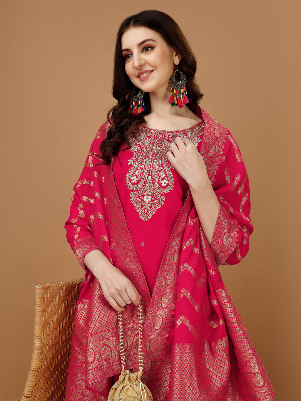 Embroidered Kurta With Pant & Banarasi Jacquard Dupatta, Multicolor - Hiral Fashion | Grocsy