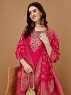 Embroidered Kurta With Pant & Banarasi Jacquard Dupatta, Multicolor - Hiral Fashion | Grocsy