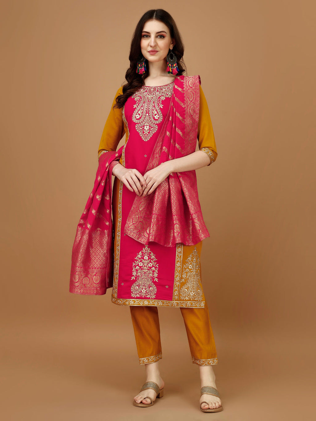 Embroidered Kurta With Pant & Banarasi Jacquard Dupatta, Multicolor - Hiral Fashion | Grocsy