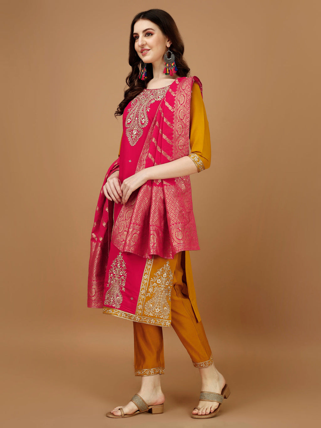Embroidered Kurta With Pant & Banarasi Jacquard Dupatta, Multicolor - Hiral Fashion | Grocsy
