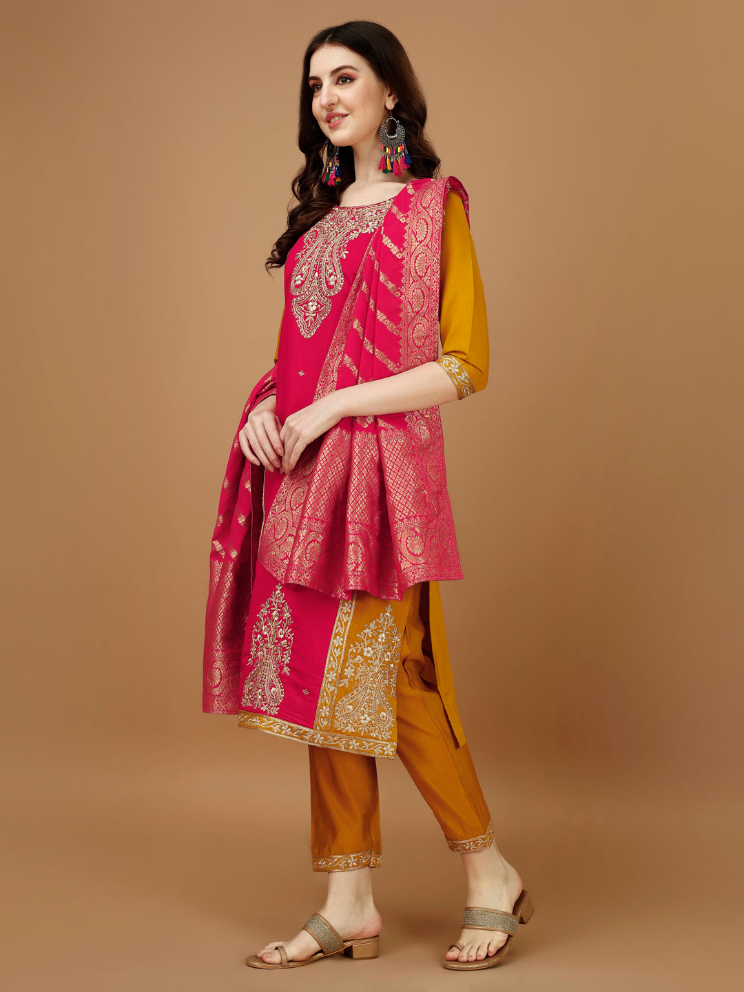 Embroidered Kurta With Pant & Banarasi Jacquard Dupatta, Multicolor - Hiral Fashion | Grocsy