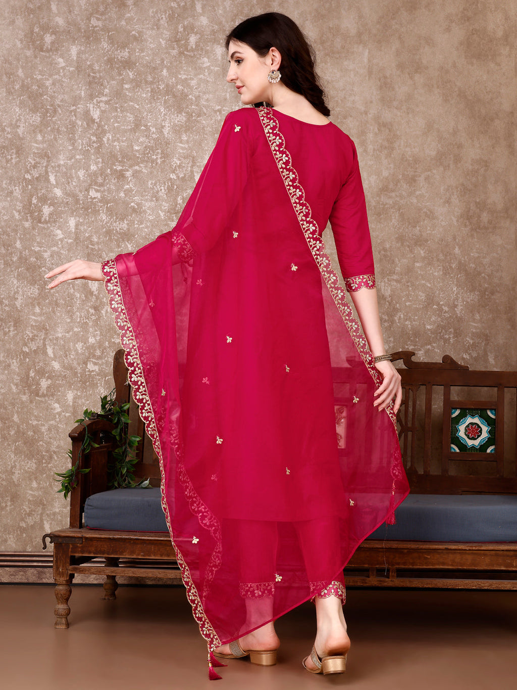 Embroidered Kurta With Pant & Embroidered Dupatta, Pink - Hiral Fashion | Grocsy