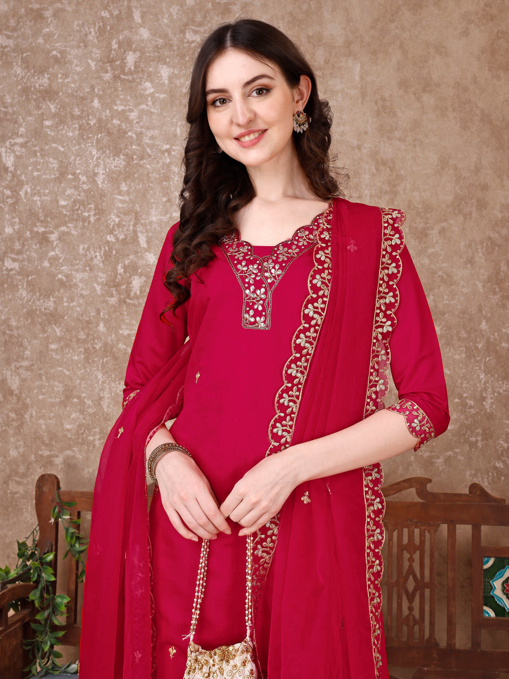 Embroidered Kurta With Pant & Embroidered Dupatta, Pink - Hiral Fashion | Grocsy