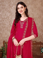 Embroidered Kurta With Pant & Embroidered Dupatta, Pink - Hiral Fashion | Grocsy