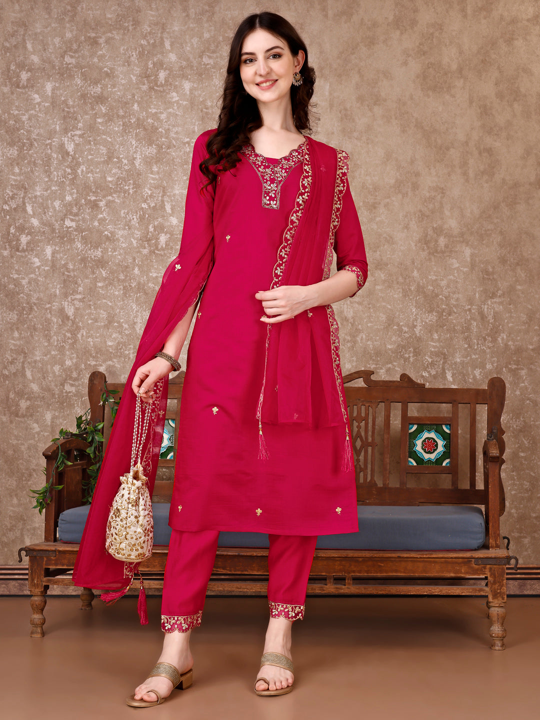 Embroidered Kurta With Pant & Embroidered Dupatta, Pink - Hiral Fashion | Grocsy