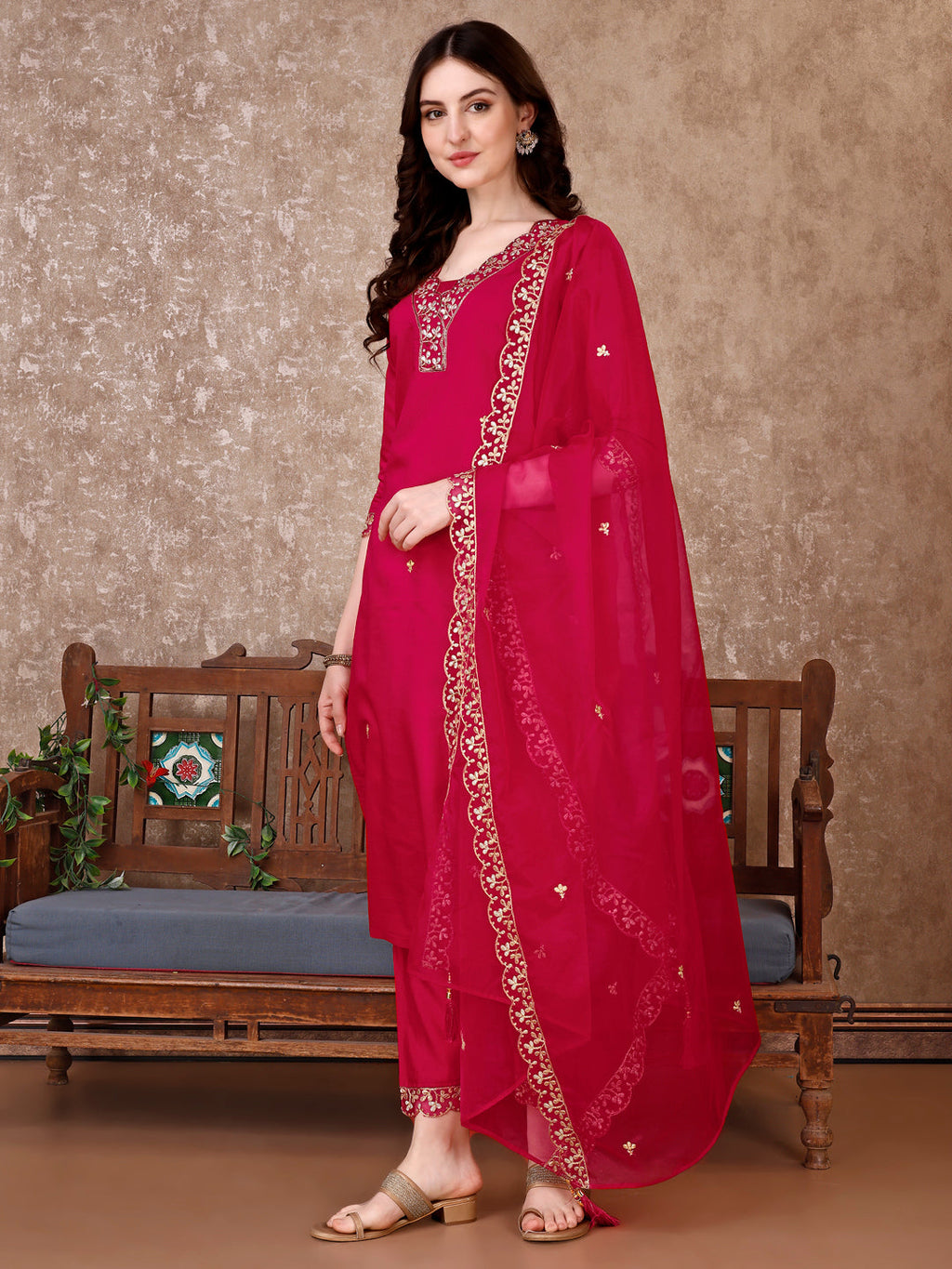 Embroidered Kurta With Pant & Embroidered Dupatta, Pink - Hiral Fashion | Grocsy