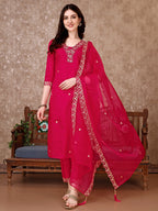 Embroidered Kurta With Pant & Embroidered Dupatta, Pink - Hiral Fashion | Grocsy