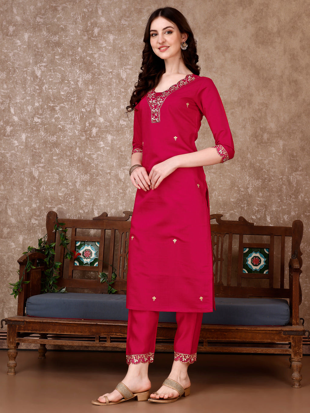 Embroidered Kurta With Pant & Embroidered Dupatta, Pink - Hiral Fashion | Grocsy