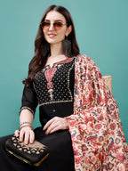 Hand Embroidered Kurta With Pant & Printed Dupatta, Multicolor - Hiral Fashion | Grocsy